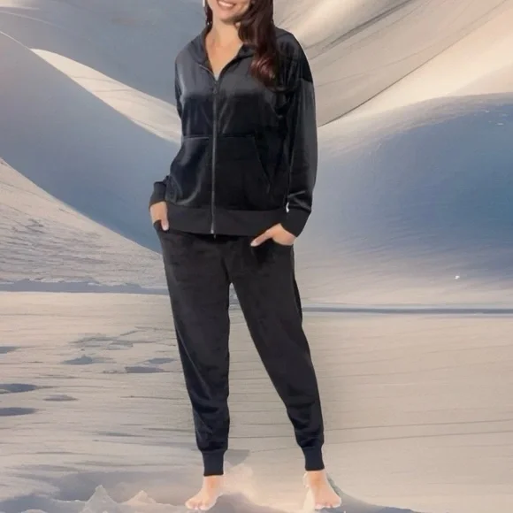 Velour Zip Hoodie & Jogger /Loungewear Set Black Super Soft NWT 2PC Tracksuit - Picture 4 of 5